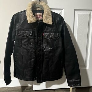 Levi's Black Leather Jacket with Shearling Collar